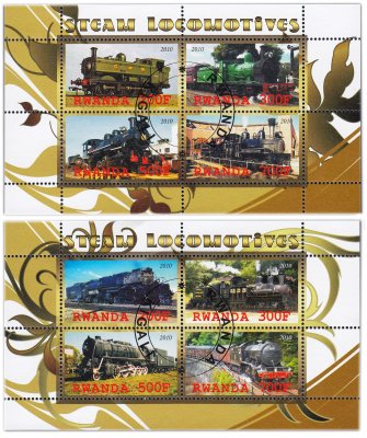 купить Руанда марки набор из 2 квартблоков "Поезда"