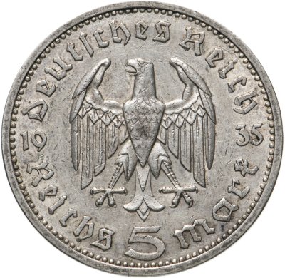 купить Третий Рейх, Германия 5 рейхсмарок 1935, знак монетного двора: "E" - Мюльденхуттен, орел без свастики (Гинденбург)