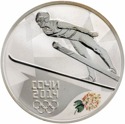 купить 3 рубля 2014 СПМД Proof "XXII Зимняя Олимпиада в Сочи - Прыжки на лыжах с трамплина"