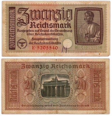 купить Германия, Третий рейх 20 рейхсмарок (reichsmark) 1940-1945 Немецкие оккупационные территории