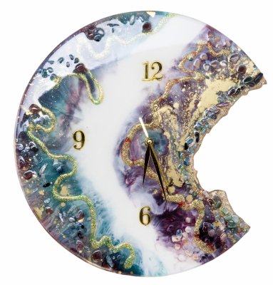 купить Часы настенные "Месяц", авторская ручная работа в технике Resin Art, Глянцевое 3D покрытие, натуральный камень, металл, Россия, 2021 г.