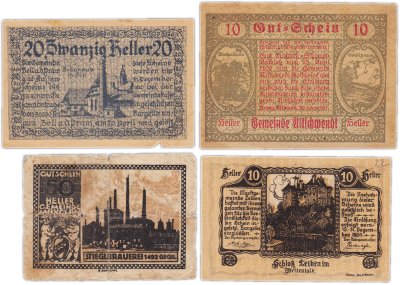 купить Австрия набор из 4 нотгельдов 10, 20 и 50 геллеров 1920