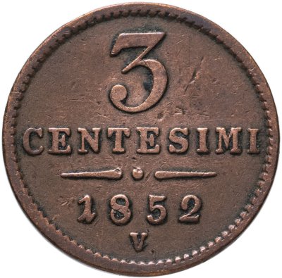купить Ломбардия-Венеция 3 чентезимо 1852 V, отметка монетного двора: "V" - Венеция