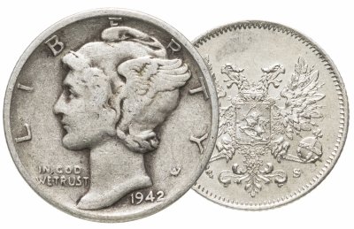 купить Набор из 2 серебряных монет случайной страны 1890-1966