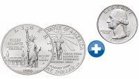 Купить Серебряный доллар США 1986 "100 лет статуе Свободы" + подарок: 25 центов США 1964 Джордж Вашингтон (серебро 900 пробы)