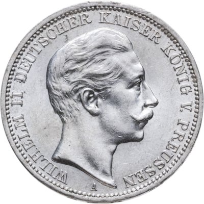 купить Германская Империя, Пруссия 3 марки (mark) 1908 с портретом Вильгельма II, в слабе Монетник.ру UNC details