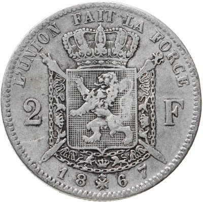 купить Бельгия 2 франка (francs) 1867 с крестом на короне