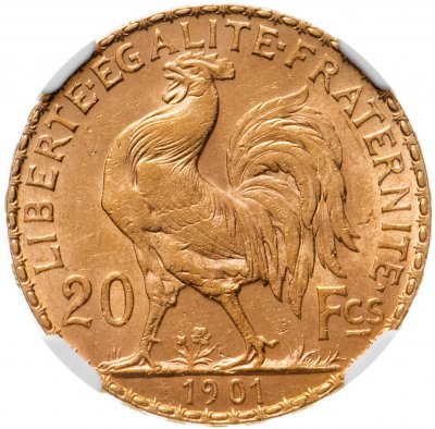 купить Франция 20 франков (francs) 1901, в слабе ННР MS62