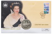 Купить Британские Виргинские острова 1 доллар(dollar) 2002 "50 лет правления Королевы Елизаветы II - Елизавета, Рональд и Нэнси Рейган" (в конверте)