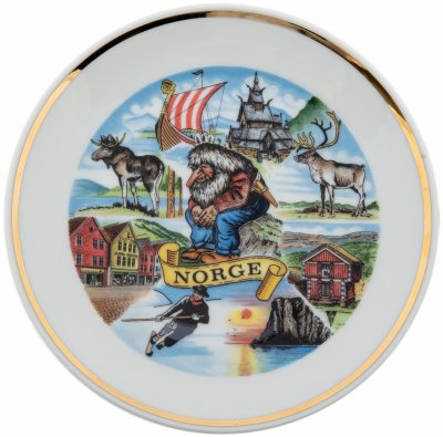 купить Тарелка настенная сувенирная "NORGE" ("Норвегия"), фарфор , золочение, компания "VIMPELFABRIKKEN" , Норвегия, 1990 - 2000 гг.