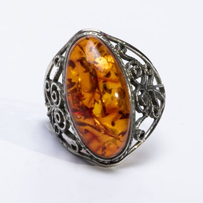 купить Кольцо с ажурным декором, металл, янтарь, Россия, 1990-2000 гг.