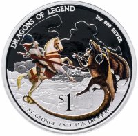 Купить Тувалу 1 доллар 2013 Proof " Легендарные Драконы - Святой Георгий и Дракон" в футляре, с сертификатом
