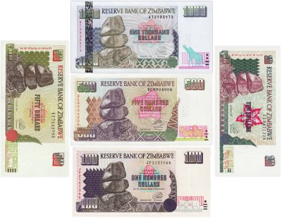 купить Зимбабве набор из 5 банкнот 10, 50, 100, 500, 1000 долларов 1994-2004 ПРЕСС