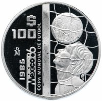 Купить Мексика 100 песо (pesos) 1985 "Чемпионат мира по футболу 1986 - Мяч в сетке"
