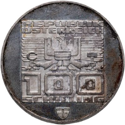 купить Австрия 100 шиллингов 1975 "XII зимние Олимпийские Игры, Инсбрук 1976 - Здания и Олимпийская эмблема"
