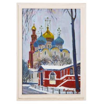 купить Картина "Смоленский собор Новодевичьего монастыря" в раме, художник Манаков Борис Александрович, бумага, картон, масло, Художник Манаков Борис Александрович, СССР, 1988 г.