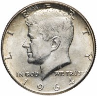 Купить США 1/2 доллара (half dollar, полдоллара, 50 центов) 1964 "Кеннеди" без знака монетного двора