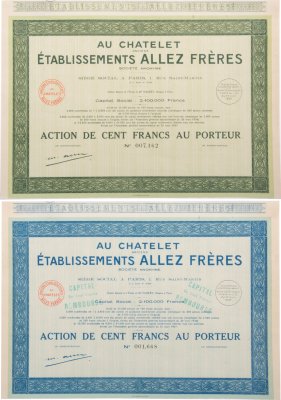 купить Франция, акция "Établissements Allez Frères Au Chatelet" на 100 франков 1937 г., случайная разновидность (зеленый или синий)