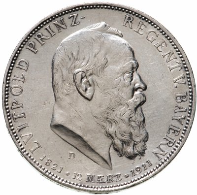 купить Германская Империя 5 марок (mark) 1911 90 лет со дня рождения Луитпольда Баварского