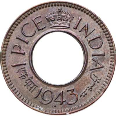 купить Индия (Британская) 1 пайс (pice) 1943 корона с закруглёнными углами