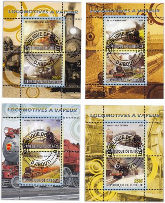 купить Джибути марки набор из 4 квартблоков "Поезда"