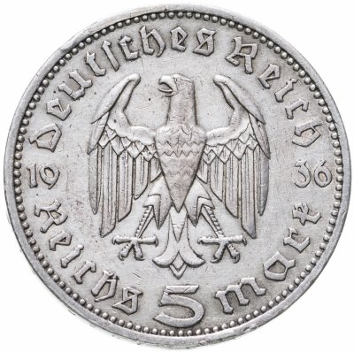 купить Германия (Третий Рейх) 5 рейхсмарок 1936, Двор А (Берлин), Орел без свастики (Гинденбург)