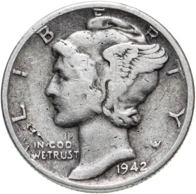 купить США 10 центов (дайм, one dime) 1942 Mercury Dime (дайм «Меркурий») без обозначения монетного двора