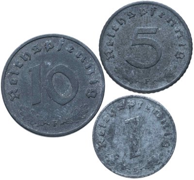 купить Германия, Третий рейх набор из 3 монет 1, 5 и 10 рейхспфеннигов 1940-1944, случайная дата и монетный двор