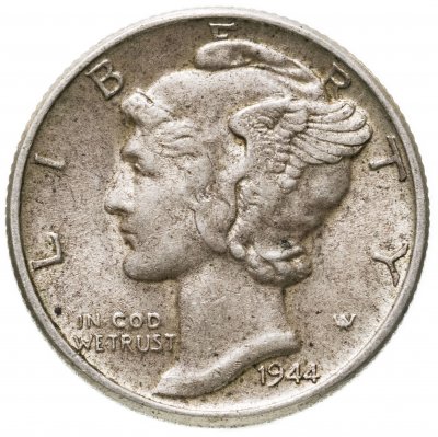 купить США 10 центов (дайм, one dime) 1944 Mercury Dime (дайм «Меркурий») без обозначения монетного двора
