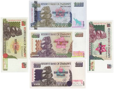 купить Зимбабве набор из 5 банкнот 10, 50, 100, 500, 1000 долларов 1994-2004 ПРЕСС