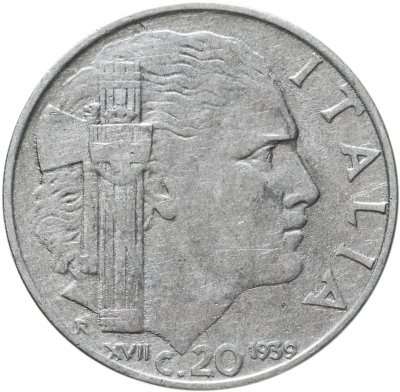 купить Италия 20 чентезимо (centesimi) 1939 не магнетик, рубчатый гурт, надпись "XVII"
