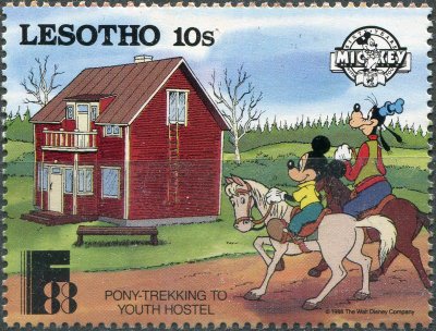 купить Лесото Почтовая марка 1988 "Прогулка на пони до молодежного отеля - Микки, Гуфи"
