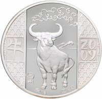 купить Медаль настольная (жетон) "1 денга. "Год быка" 2009 г."" в оригинальном футляре и капсуле, серебро 925, ММД, РФ, 2008 г.