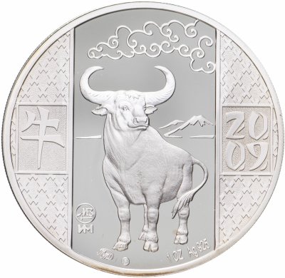 купить Медаль настольная (жетон) "1 денга. "Год быка" 2009 г."" в оригинальном футляре и капсуле, серебро 925, ММД, РФ, 2008 г.