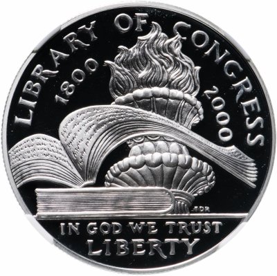 купить США 1 доллар (dollar) 2000 "200 лет Библиотеке Конгресса" в слабе NGC PF69