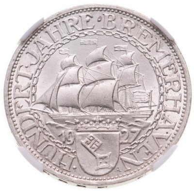 купить Германия (Веймарская республика) 3 рейхсмарки (reichsmark) 1927 "100 лет Бремерхафену", в слабе ННР MS64