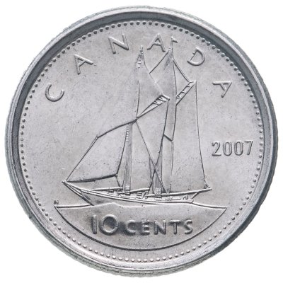 купить Канада 10 центов (cents) 2007, пожилая королева, знак монетного двора: "Кленовый лист" - Оттава