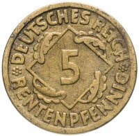купить Германия 5 пфеннигов (рентенпфеннигов, rentenpfennig) 1924 F