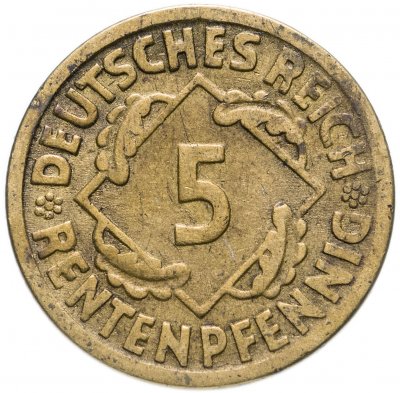 купить Германия 5 пфеннигов (рентенпфеннигов, rentenpfennig) 1924 F