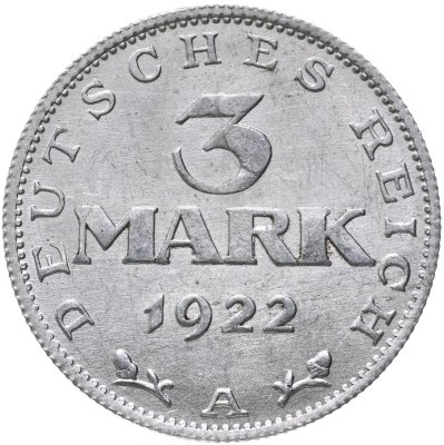 купить Германия 3 марки (mark) 1922, знак монетного двора "A" — Берлин