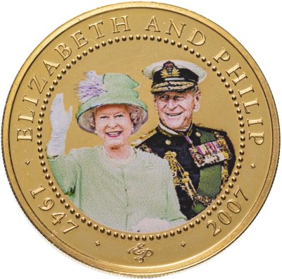 купить Острова Кука 1 доллар (dollar) 2007 "60 лет свадьбе Королевы Елизаветы II и Принца Филиппа /Елизавета в зелёном костюме"