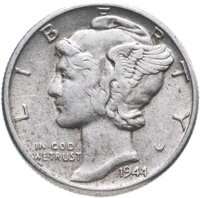 купить США 10 центов (дайм, one dime) 1944 Mercury Dime (дайм «Меркурий») без отметки монетного двора