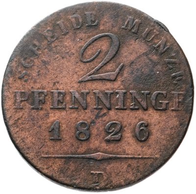 купить Германия, Пруссия 2 пфеннига 1826, знак монетного двора: "D" - Дюссельдорф