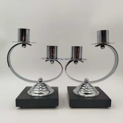 купить Подсвечники парные серебристого цвета, рассчитанные на две свечи каждый, металл, дерево, Европа, 1980-2000 гг.