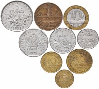 Купить Франция набор из 9 монет 5, 10, 20 сантимов и 1/2, 1, 2, 5, 10 франков 1959-2001