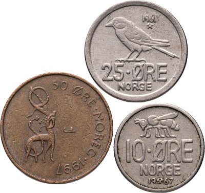 купить Норвегия набор из 3 монет 10, 25, 50 эре 1961-1997