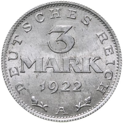 купить Германия 3 марки (mark) 1922, знак монетного двора "A" — Берлин
