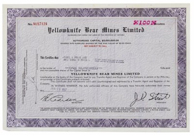 купить Акция США YELLOWKNIFE BEAR MINES LIMITED 1967 г.