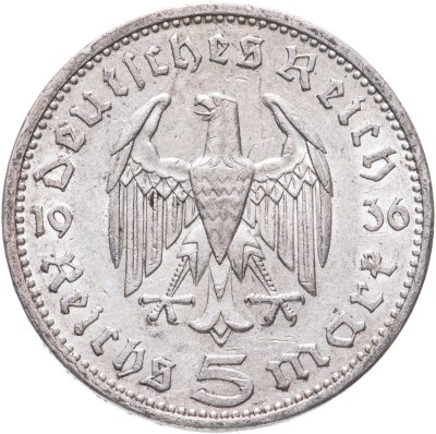 купить Германия (Третий Рейх) 5 рейхсмарок 1936, Двор А (Берлин), орел без свастики (Гинденбург)