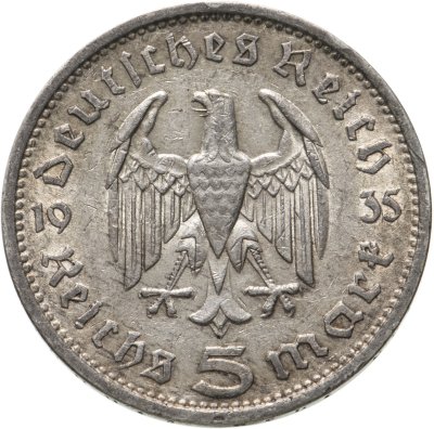 купить Третий Рейх, Германия 5 рейхсмарок 1935, знак монетного двора: "A" - Берлин, орел без свастики (Гинденбург)